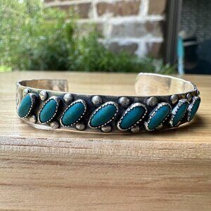 VTG Navajo Open Cuff Bracelet Size 5.75 Blue Turquoise 7 Cabs 925 Sterling 13.9g